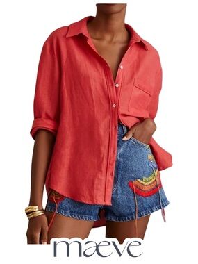 Maeve | Anthropologie Bennet Linen Button Down Shirt Coral Red - Size XS